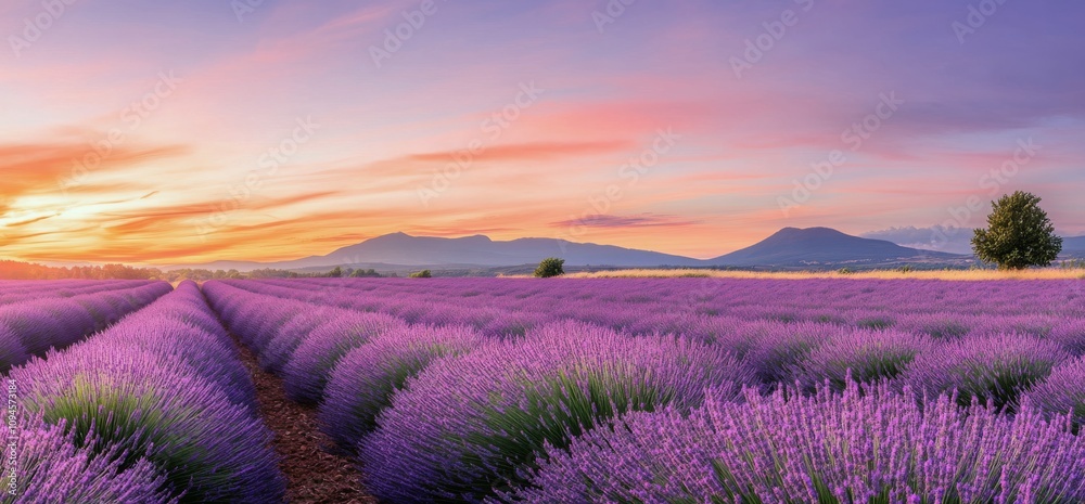 Obraz premium Lavender fields stretch under a colorful sunset near a distant mountain range