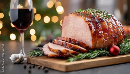 Deliciously cooked glazed ham served with red wine on an elegant wooden table