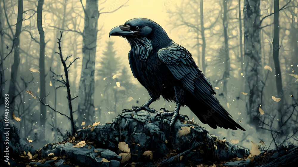 Naklejka premium Raven in a Foggy Forest Illustration