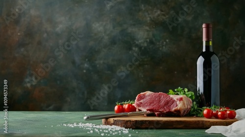 Fresh steak with herbs and ingredients ready for cooking in a rustic kitchen ...