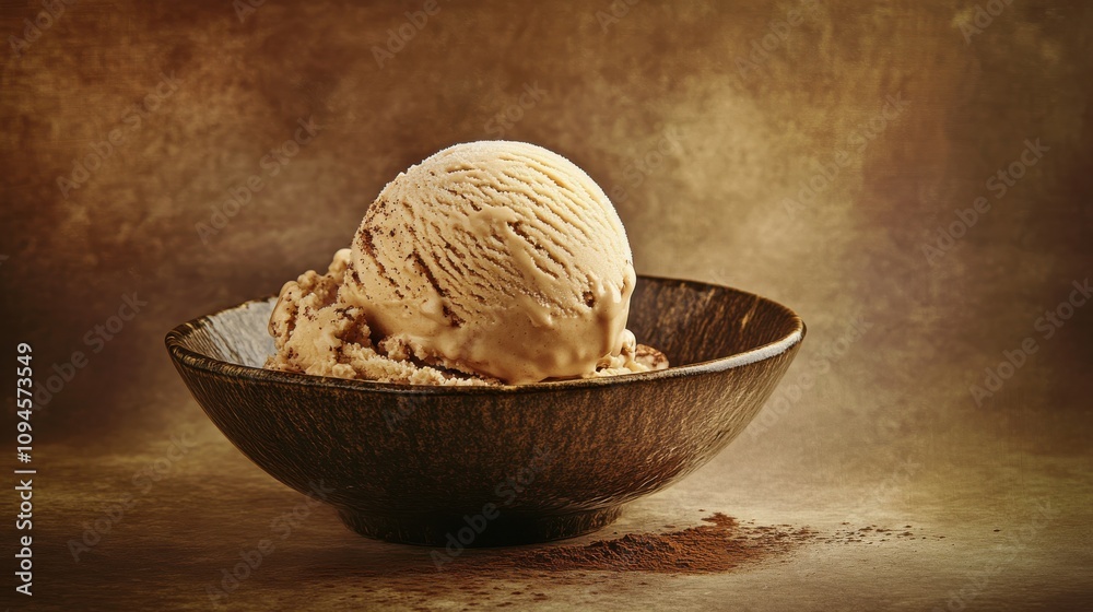 A smooth white chocolate sphere is placed in a dark brown bowl, surrounded by an earthy, textured background that enhances the elegant display. The setting suggests a culinary presentation. A smooth white chocolate sphere is placed in a dark brown bowl, surrounded by an earthy, textured background that enhances the elegant display. The setting suggests a culinary presentation.
