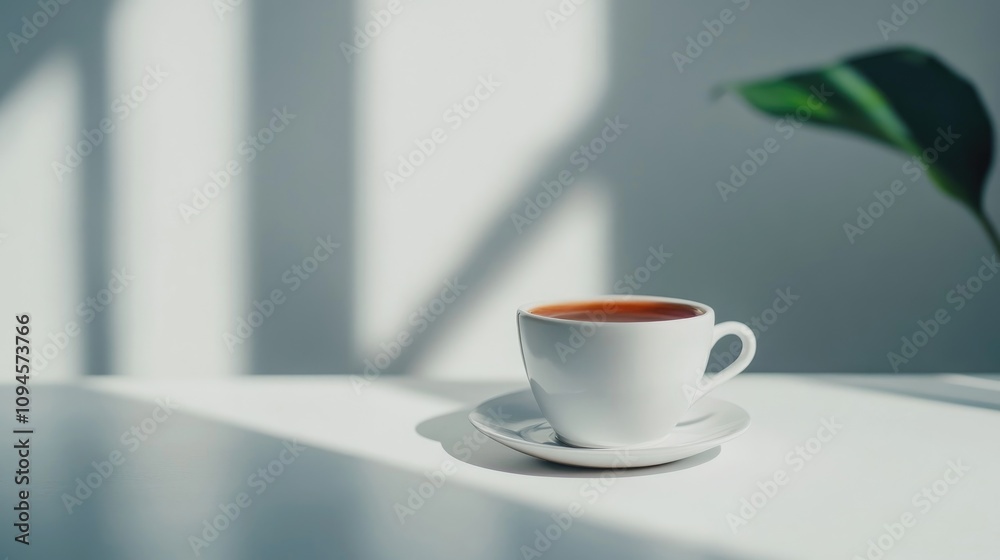 Americano Coffee in White Cup on Minimalist Table with Soft Shadows and Green Leaf in Background Americano Coffee in White Cup on Minimalist Table with Soft Shadows and Green Leaf in Background