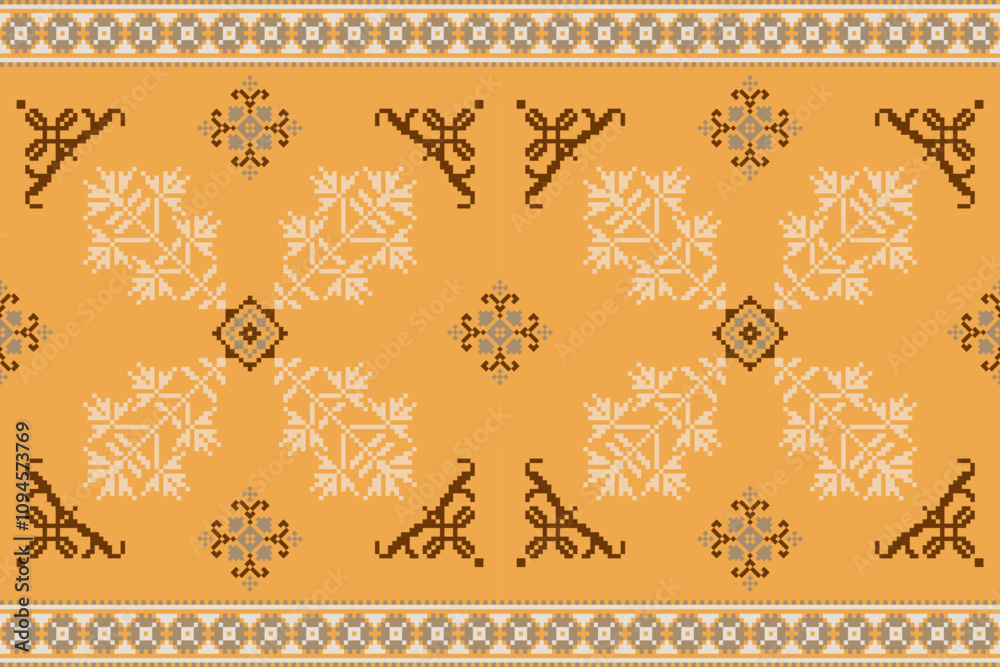 Rectangle shape seamless pixel art.Flower Ikat pattern embroidery.Pixel Art Fabric background Pattern with Geometric Square.Abstract background vector illustration.carpet,batik,knitwear Rectangle shape seamless pixel art.Flower Ikat pattern embroidery.Pixel Art Fabric background Pattern with Geometric Square.Abstract background vector illustration.carpet,batik,knitwear
