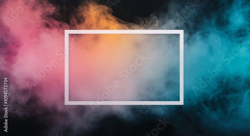 Colorful smoke swirls around an empty frame showcasing vibrant hues of pink a...