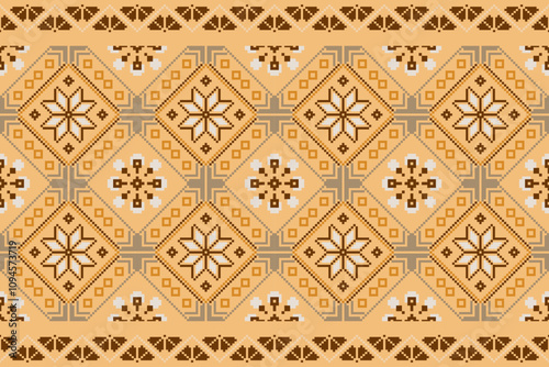 Motifs African boho paisley Floral Ikat pattern embroidery border.Border indian floral Aztec embroidery border seamless patterns.Pixel Art Fabric background Pattern with Geometric Square.