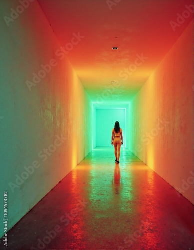 Woman walking through vibrant neon lit tunnel with colorful reflection