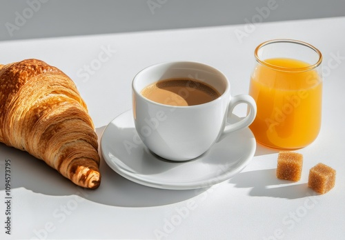 Enjoying a morning coffee with a croissant and fresh orange juice on a bright...