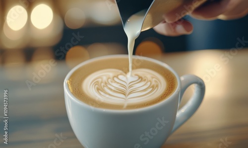 Skilled barista pouring latte art into a white cup in a cozy cafe setting