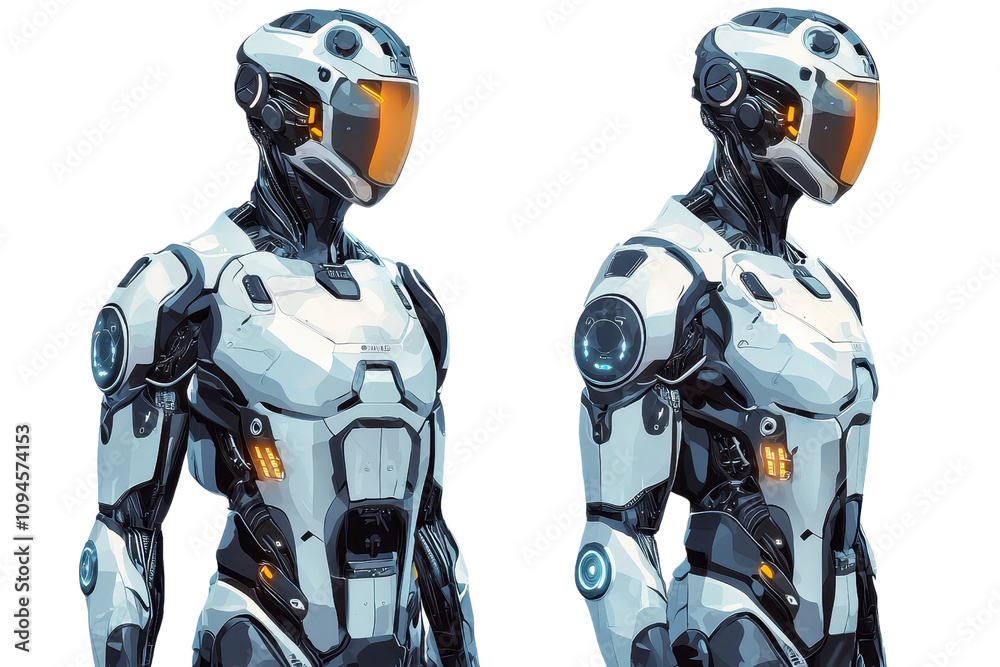 A futuristic humanoid robot featuring sleek design, advanced technology, and a striking helmet with an orange visor. A futuristic humanoid robot featuring sleek design, advanced technology, and a striking helmet with an orange visor.