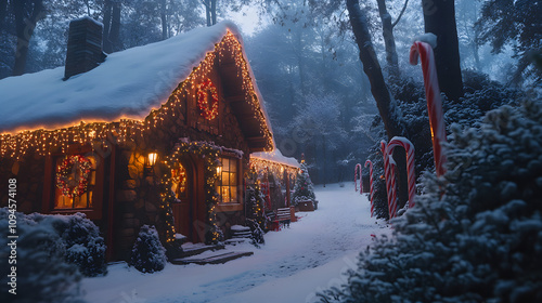 A snowy exterior view of Santas workshop with warm light glowing through frosted windows and candy-cane decorations.