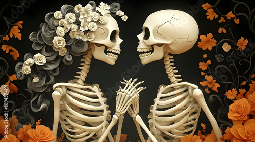 Wallpaper Mural 3D Illustration of Two Skeletons Holding Hands with Flowers Torontodigital.ca