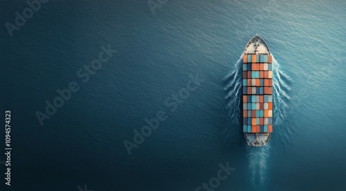 Cargo ship sails on calm waters while airplane flies above during sunset hour