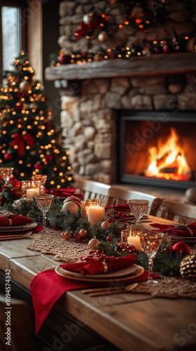 Cozy holiday scene with fireplace christmas tree and festive table