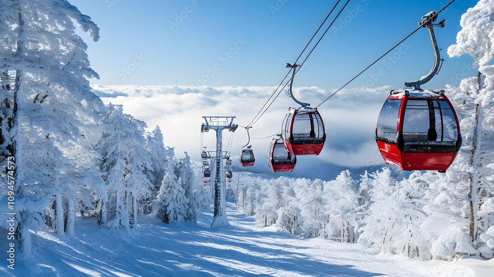 A snowy mountain peak with a line of fully loaded gondolas steadily climbing towards the summit. A snowy mountain peak with a line of fully loaded gondolas steadily climbing towards the summit.