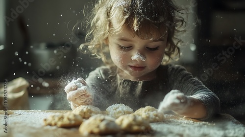 Little Chef's Floury Fun in the Kitchen: A Candid Moment of Childhood Joy. AI Generated photo