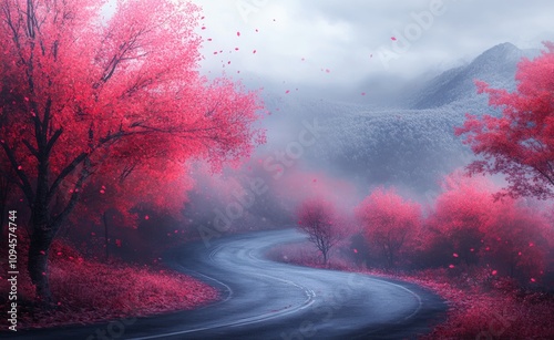 Curving road surrounded by vibrant red foliage in autumn landscape