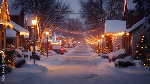 A snowy neighborhood street at dusk with early 2000s-style Christmas lights on houses. photo