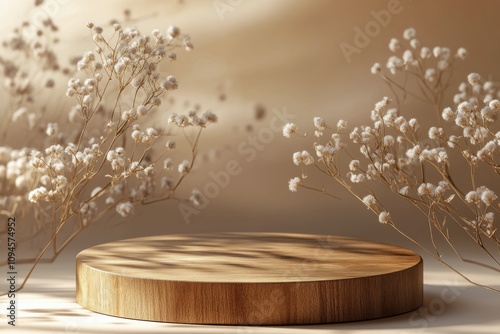 Delicate floral arrangement with round wooden platform and soft shadows in a ...
