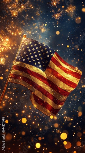 Celebrating Independence Day with fireworks and the American flag waving in t...