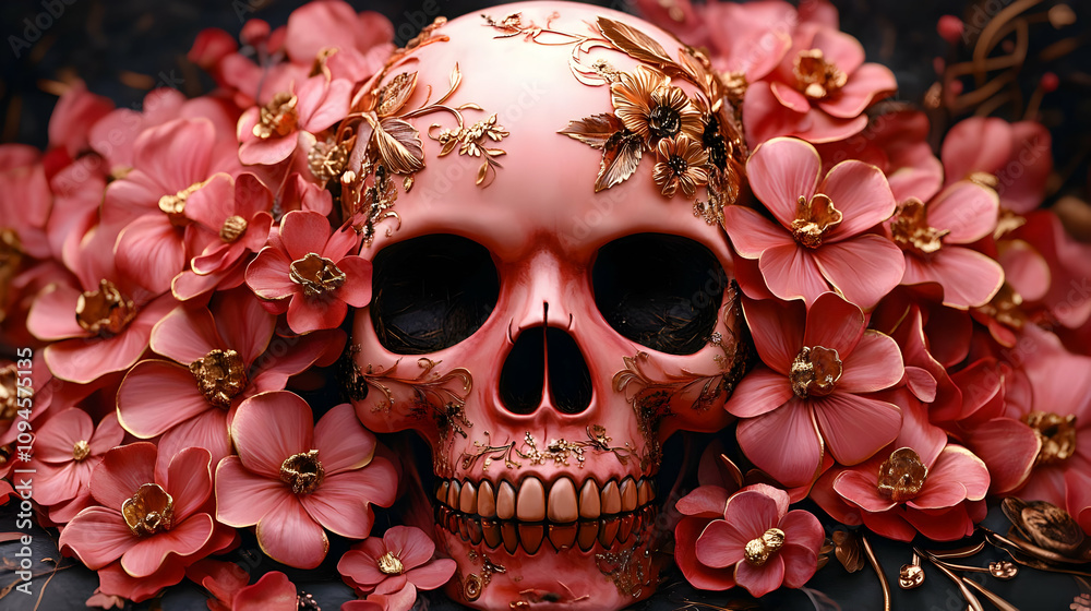 Ornate Skull with Coral Flowers 3D Illustration