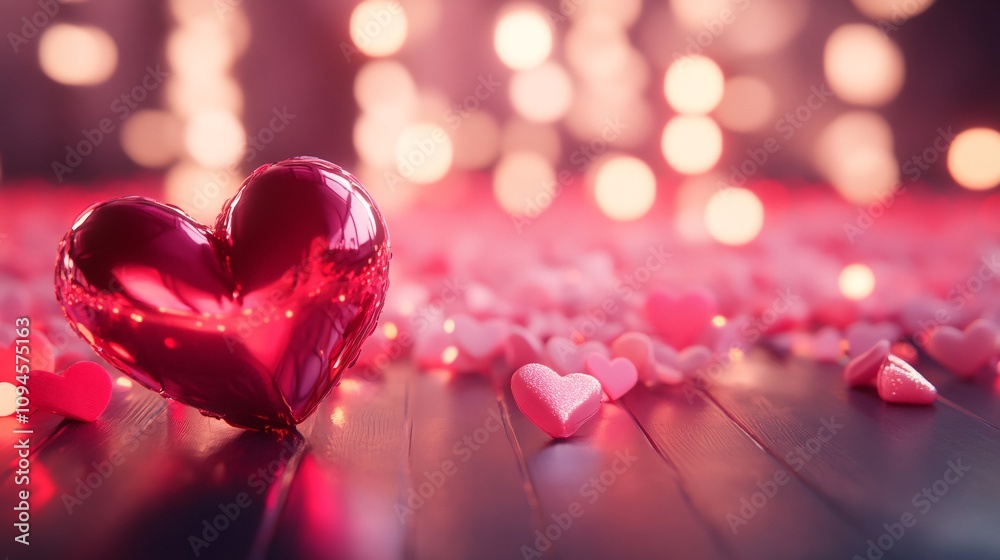 Big shiny heart standing on romantic pink background with small hearts and bokeh lights Big shiny heart standing on romantic pink background with small hearts and bokeh lights