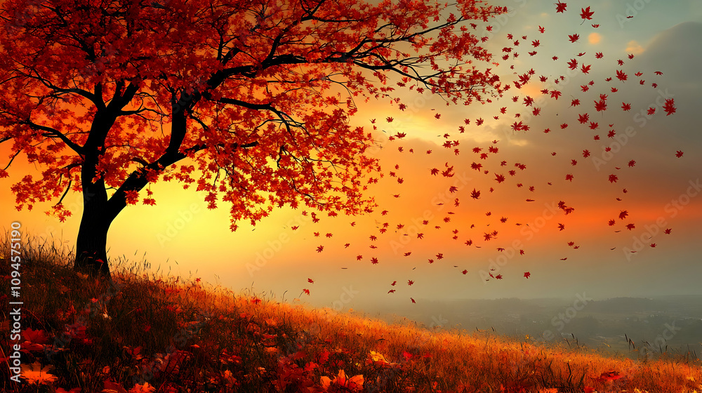 Autumn Landscape with Tree and Falling Leaves Autumn Landscape with Tree and Falling Leaves