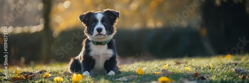 Playful puppy enjoying autumn afternoon in a sunny park setting