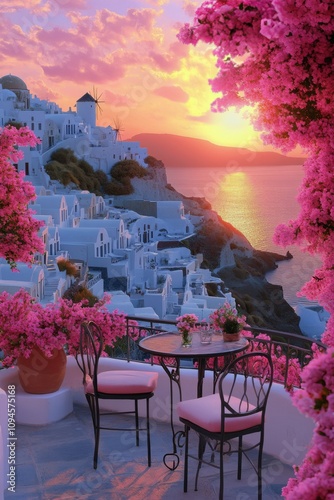 Sunset view from a terrace with bougainvillea in Santorini, Greece, highlight...