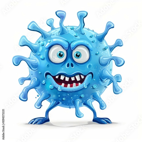 Blue cartoon virus character with angry face, showing teeth and drooling, isolated on white background