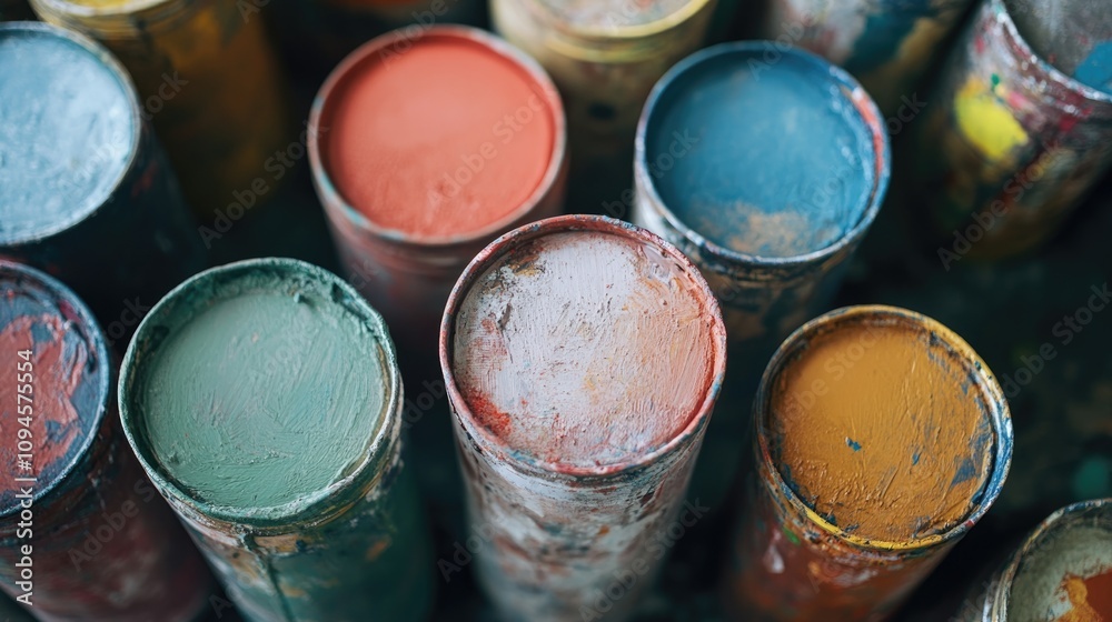 Close-up view of assorted paint cans in vibrant colors with textured surfaces, showcasing a blank space ideal for adding text or graphics. Close-up view of assorted paint cans in vibrant colors with textured surfaces, showcasing a blank space ideal for adding text or graphics.