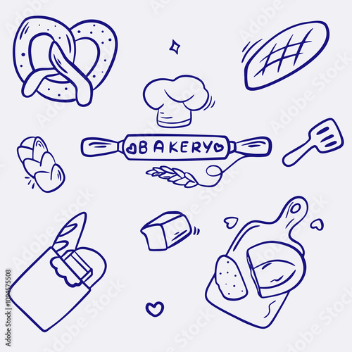 Set of vector elements for bakery, linear illustration, bread, baking, bread baking, bread production, bread shop, bread factory