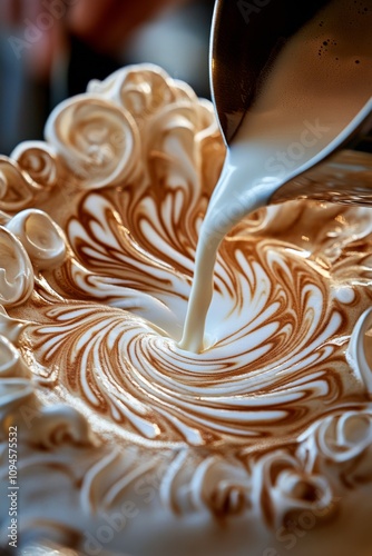 Creating intricate latte art with frothed milk and coffee in a cozy cafe setting
