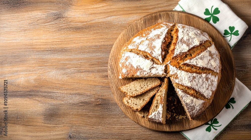 Freshly baked irish soda bread on rustic wooden table with shamrock napkin Freshly baked irish soda bread on rustic wooden table with shamrock napkin