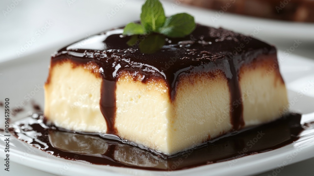 Creamy custard dessert topped with rich chocolate glaze and garnished with a fresh mint leaf on a white plate Creamy custard dessert topped with rich chocolate glaze and garnished with a fresh mint leaf on a white plate