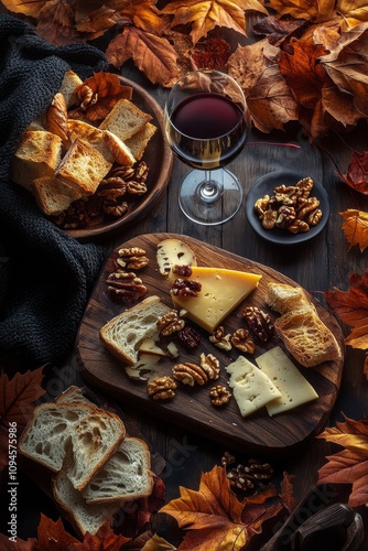 Cozy autumn evening with bread, cheese, wine, and nuts among colorful leaves