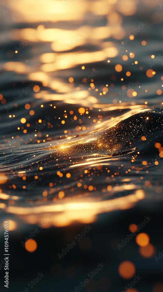 Naklejka premium Sparkling golden light reflections dance on ocean waves at dusk. Realistic style. Dark background. Concept of natural beauty and tranquility