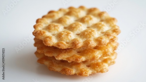 Stack of three crisp, golden-brown crackers with a textured surface, prominently displayed against a clean white backdrop. photo