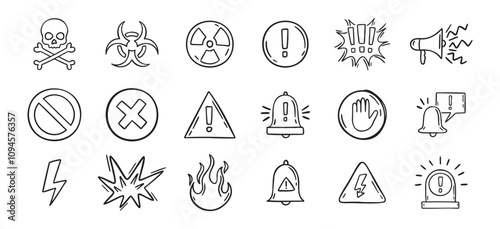 Warning doodle hand drawn icons set. Danger drawing sketch signs 