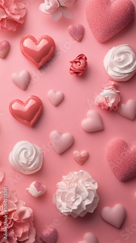 Pink valentine's day background showing assorted sweets and flowers forming a pattern