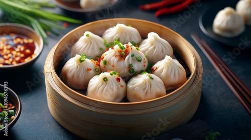 Steamed dumplings served in a bamboo basket with fresh green onions and sauces