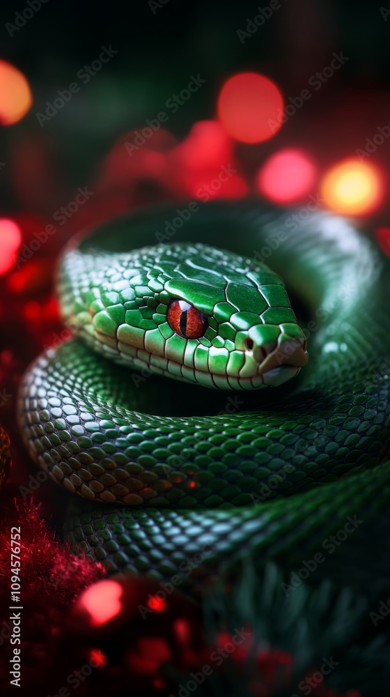 Obraz premium A close-up of a vibrant green snake resting on a colorful surface with soft lights in a dim setting