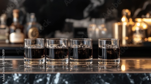 Four glasses of black vodka with ice arranged neatly on a bar countertop, showcasing a stylish and modern beverage presentation.