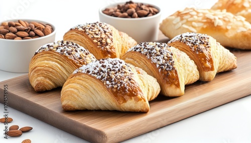 Freshly baked croissants arranged beautifully on a wooden board in a cozy kit...
