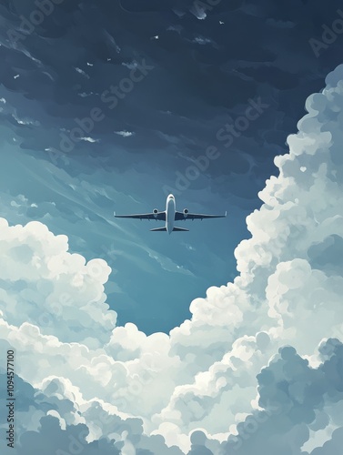 Airplane flying through fluffy clouds in a bright blue sky during daytime