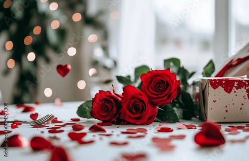 Romantic table setting with rose and heart decorations for special occasion c...