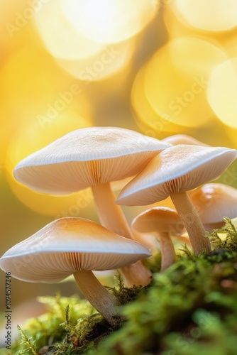 Forest mushrooms basking in warm sunlight surrounded by lush green moss