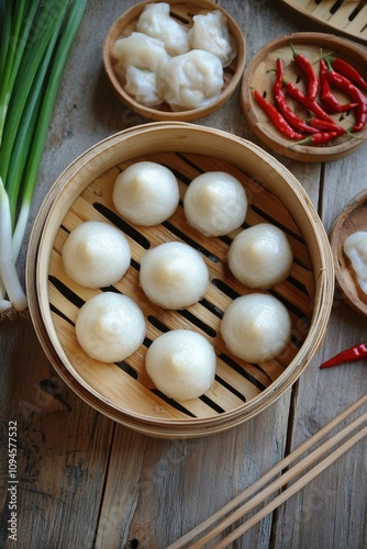 Steamed dumplings in bamboo basket with fresh herbs and chilies on wooden table