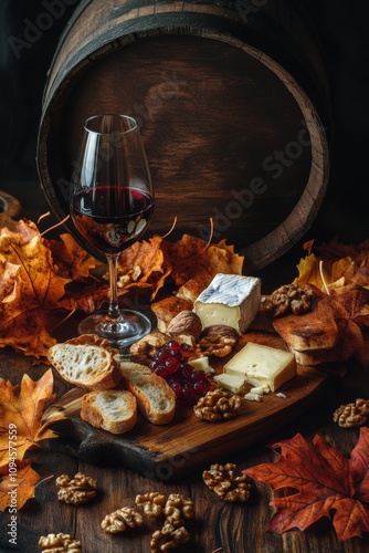 Cozy autumn evening with bread, cheese, wine, and nuts among colorful leaves