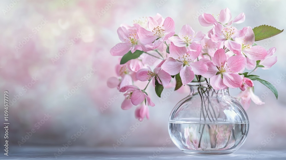 Delicate pink flower bouquet in a glass vase with a softly blurred background, creating a tranquil and serene slow living atmosphere. Delicate pink flower bouquet in a glass vase with a softly blurred background, creating a tranquil and serene slow living atmosphere.