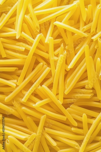 Long strands of yellow pasta displayed against a neutral background for culin...